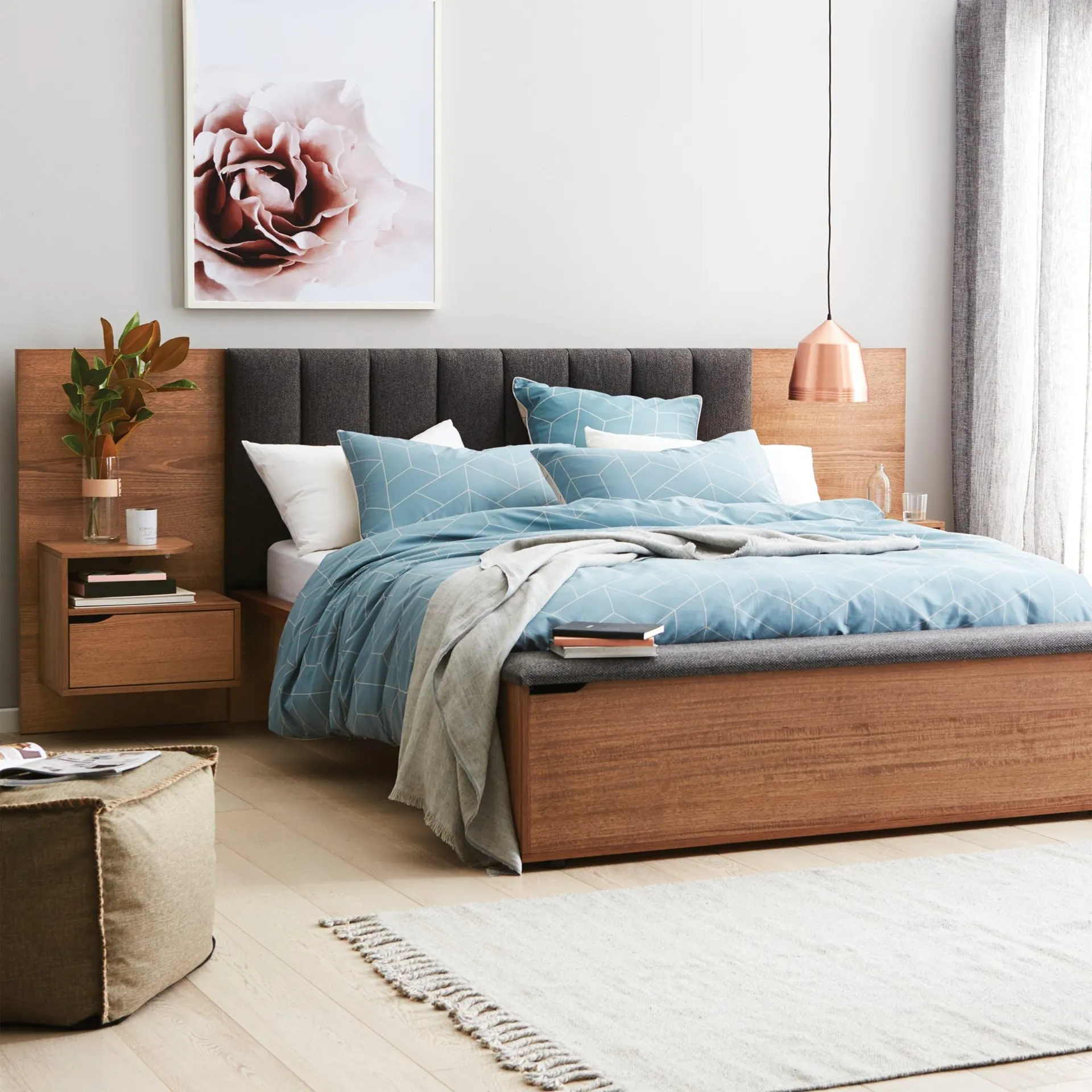 Lincoln Bed Frame W/Upholstered Bedhead & Storage Foot Box, Latte