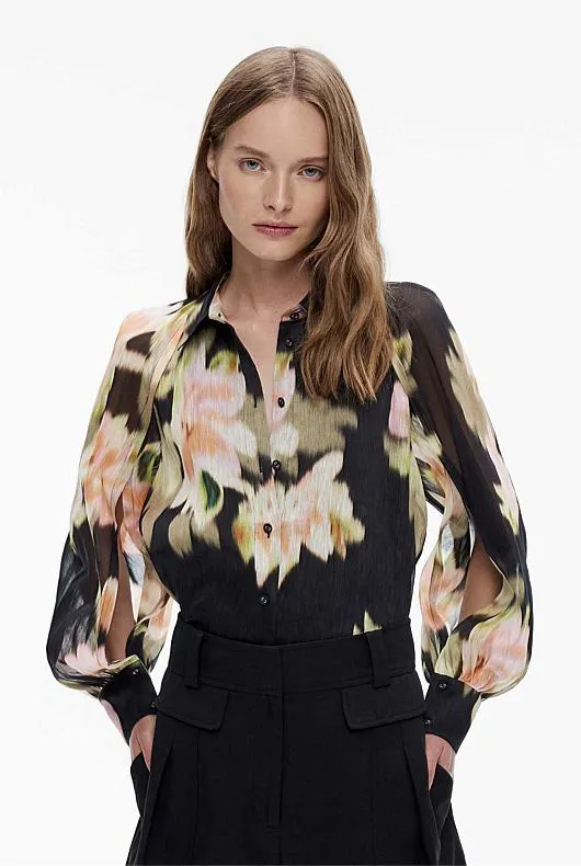 Floral Haze Print Silk Linen Blouse