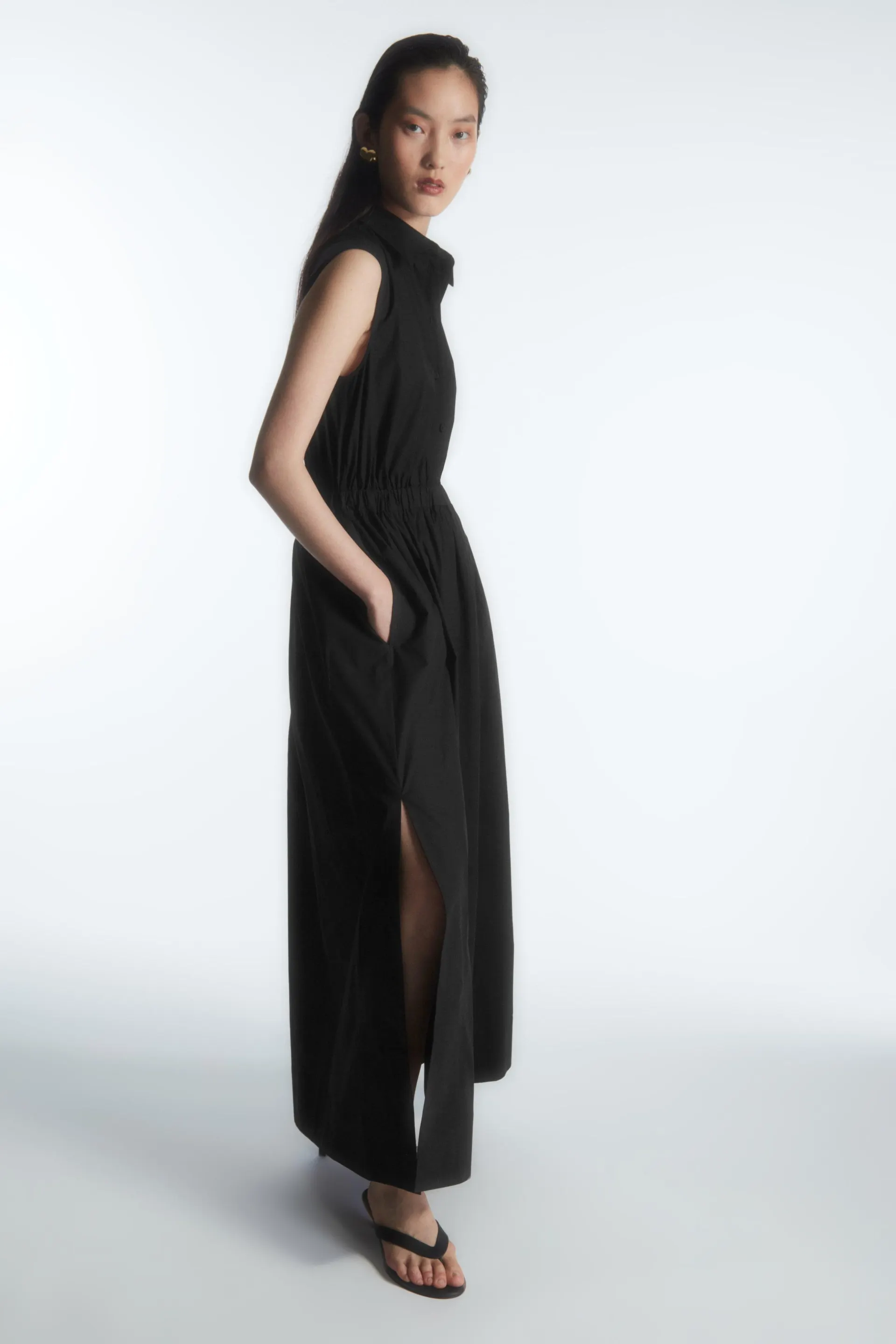 SLEEVELESS MIDI SHIRT DRESS