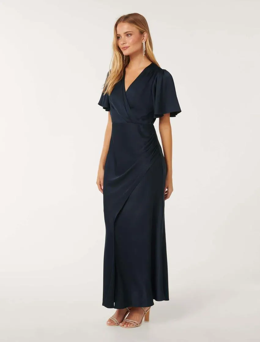 Chelsea Petite Flutter-Sleeve Satin Maxi Dress