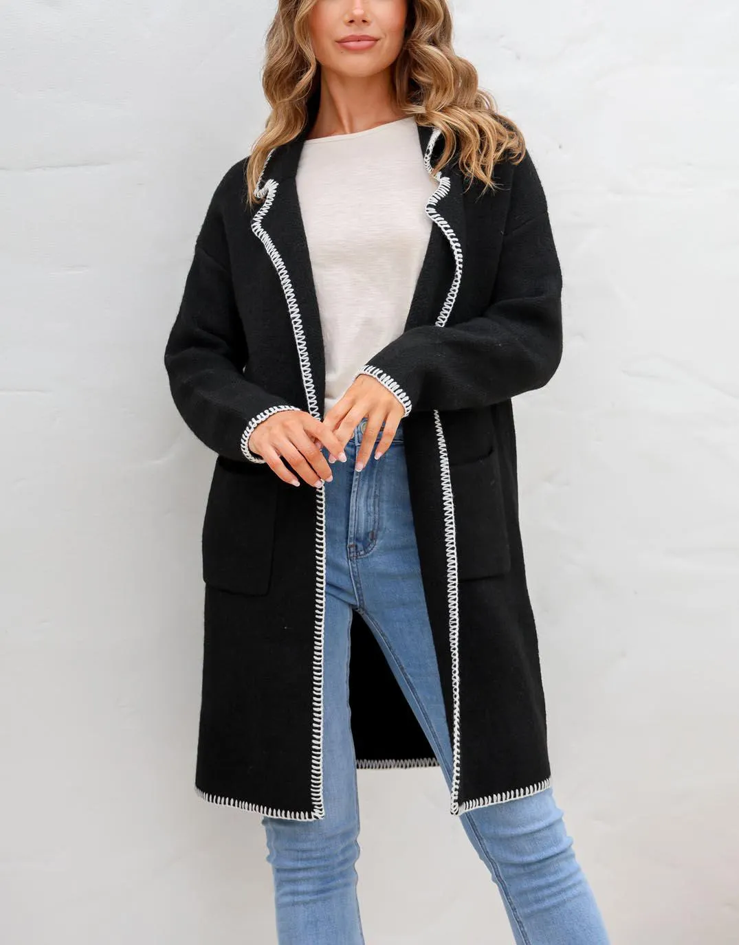 Wool Blend Blanket Stitch Coatigan - Black