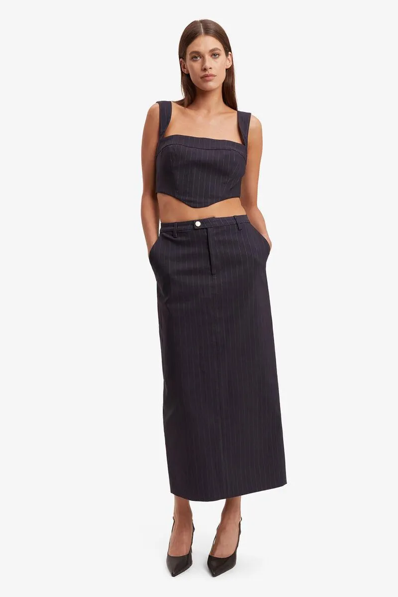 sian pin stripe maxi skirt in navy pinstripe