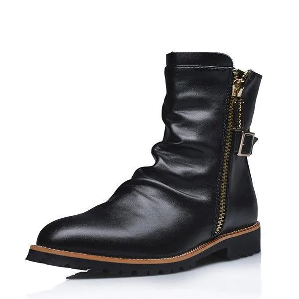 Newchic Men Black Stylish Side Zipper Metal Buckle Decoration High Top Work Boot
