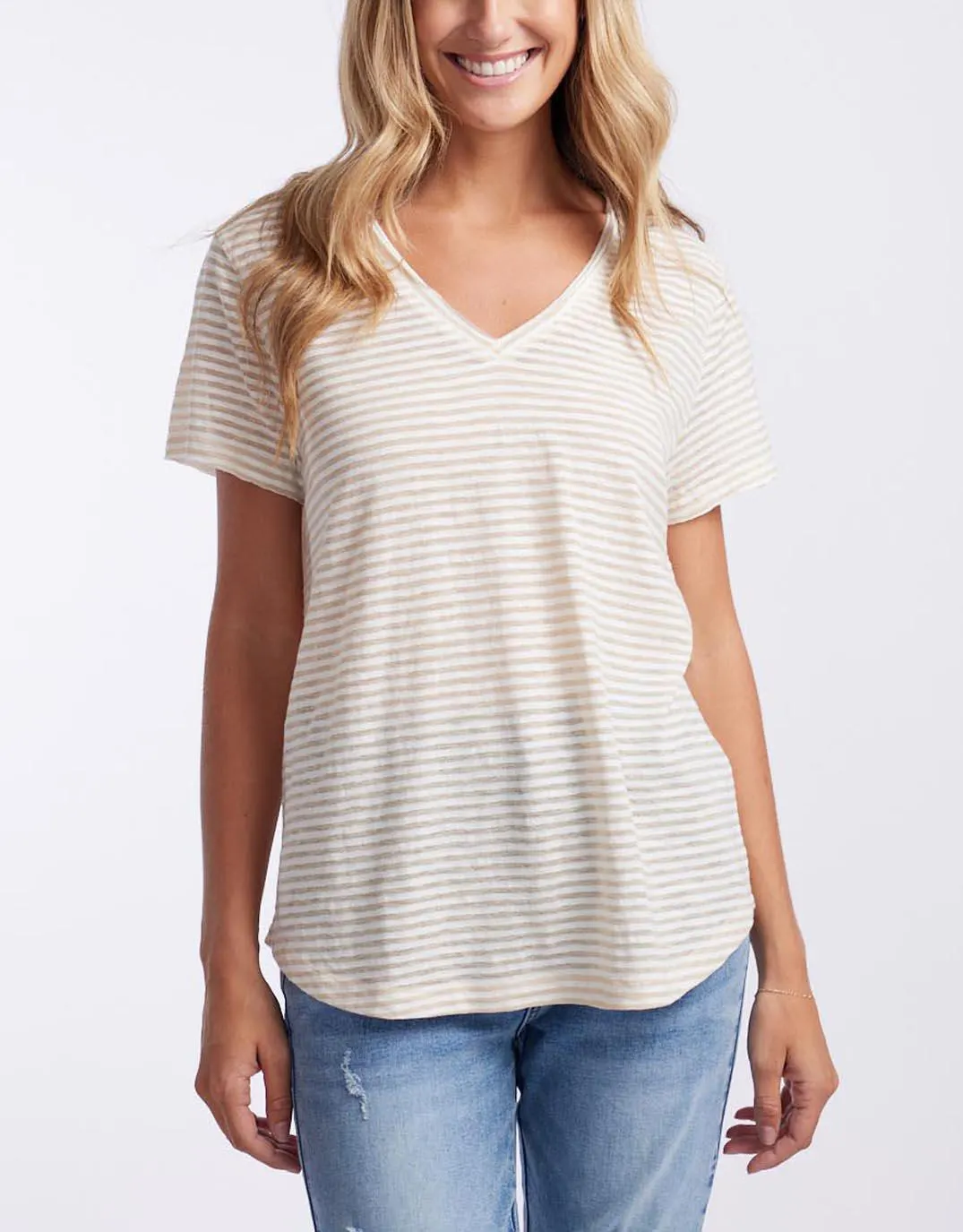Sorbet Stripe Vee Neck Tee - Natural/White