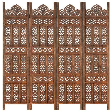 Hand carved 4-Panel Room Divider Brown 160x165 cm Solid Mango Wood