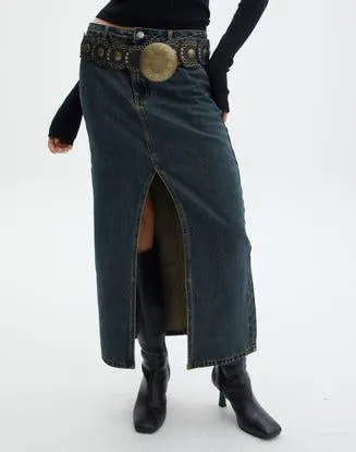 Denim Midi Front Split Skirt