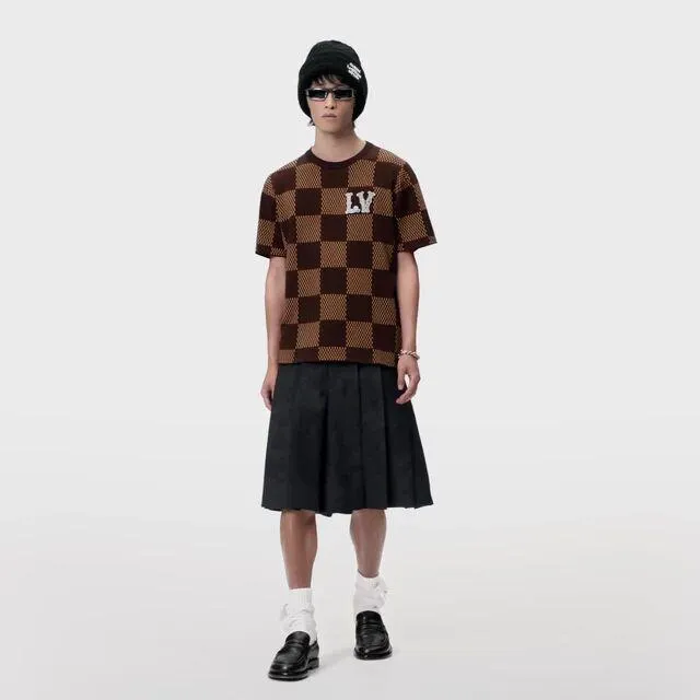 Short-Sleeved Cotton Damier Crewneck With Crystal LV Patch