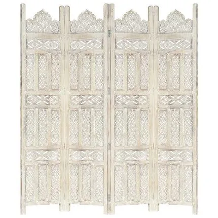 vidaXL Hand carved 4-Panel Room Divider White 160x165 cm Solid Mango Wood