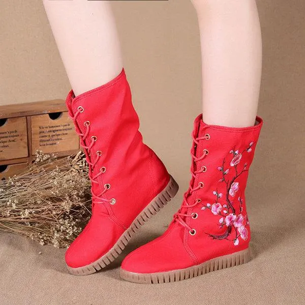 Newchic Plum Blossom Embroidered Height Increasing Warm Fur Lining Mid Calf Boots