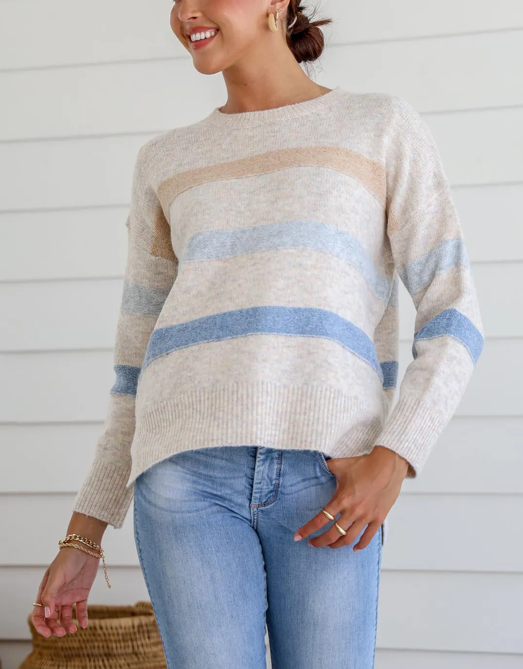 Wool Aspen Crew Knit - Latte/Blue