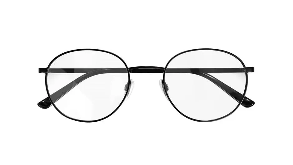 Black wire, round-eye glasses with slim black metal sides.