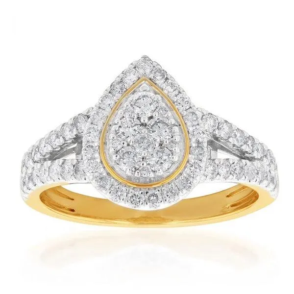 9ct Yellow Gold 1 Carat Diamond Pear Shape Cluster Split Shank Ring