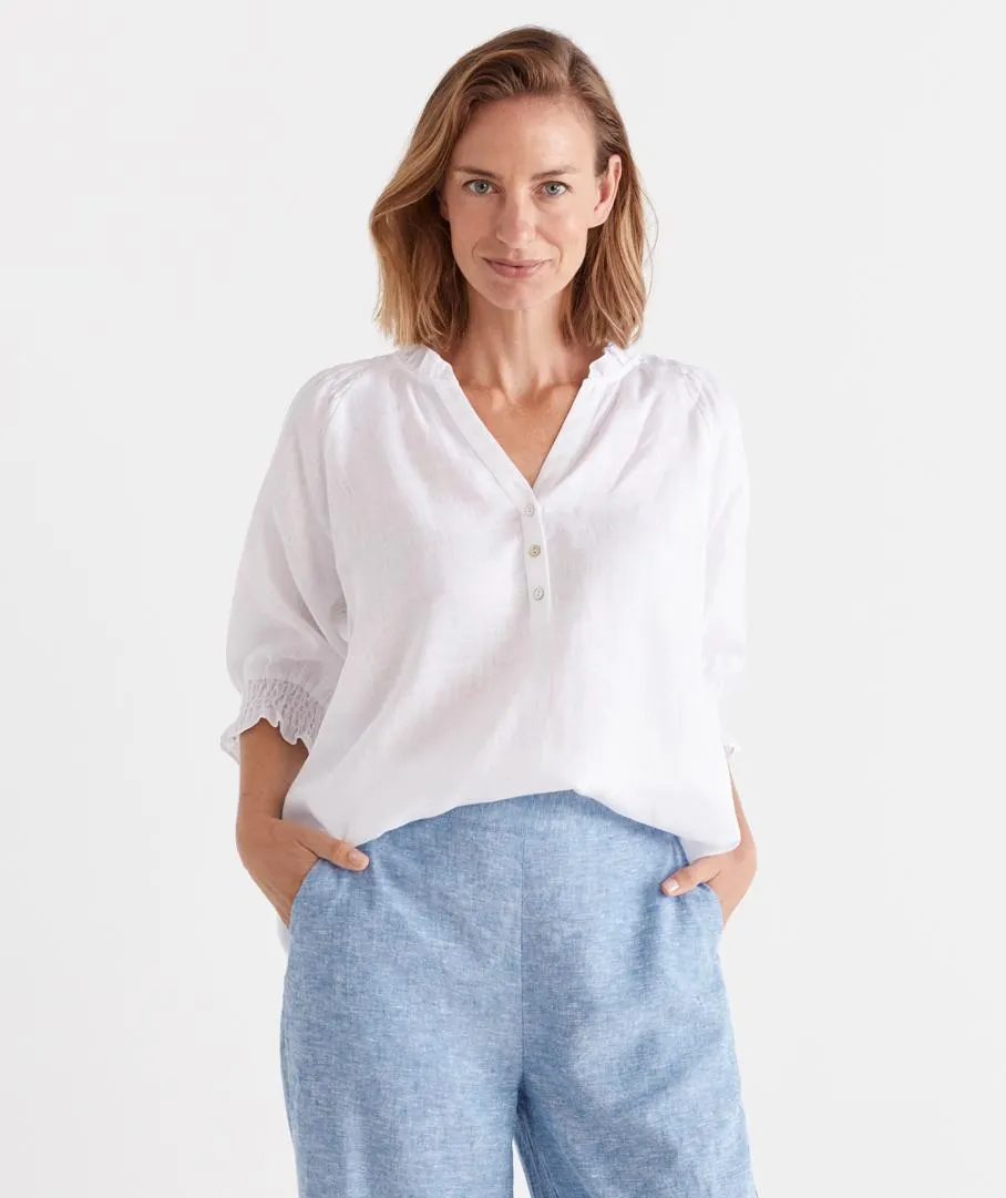 Linen Shirred Shoulder Top