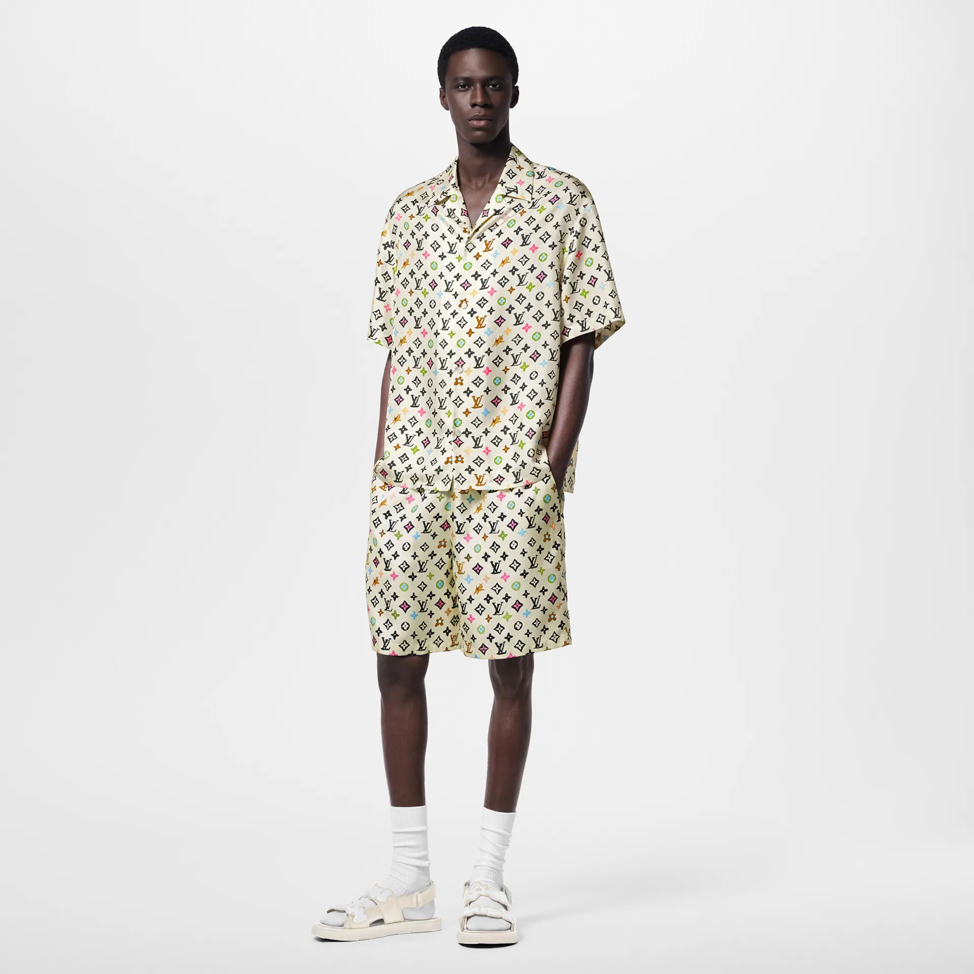 Monogram Printed Short-Sleeved Silk Shirt