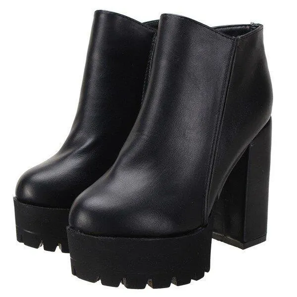Newchic Black Pu Zipper Ankle Chunky Heel Boots