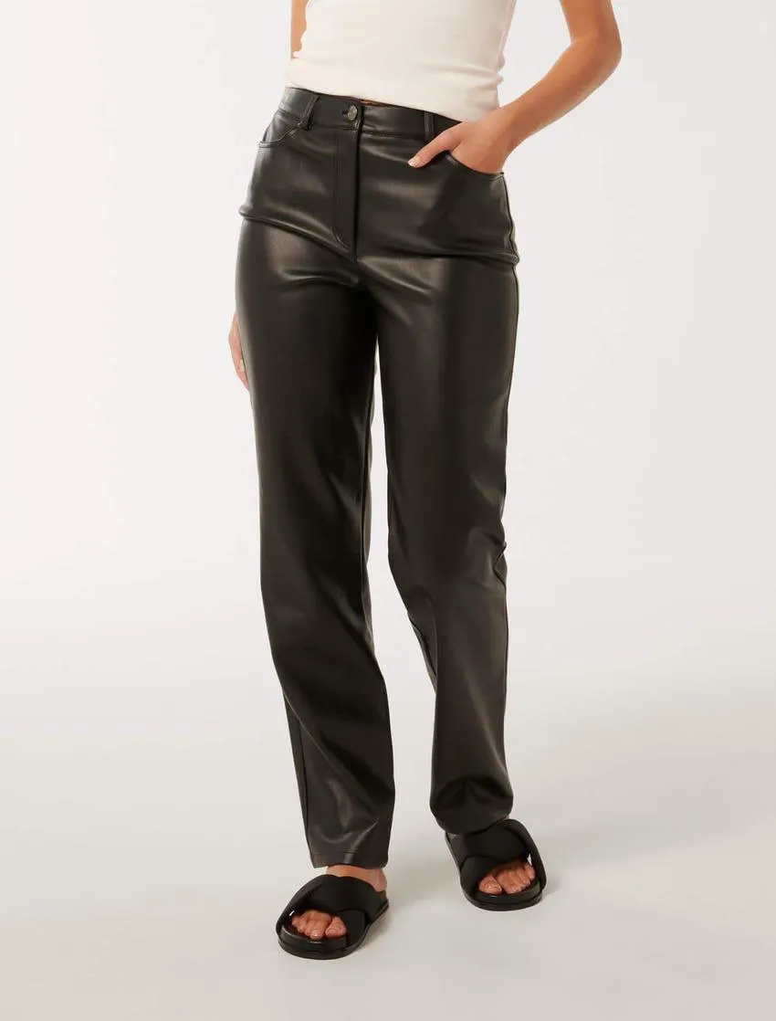Una Vegan Leather Straight-Leg Pants