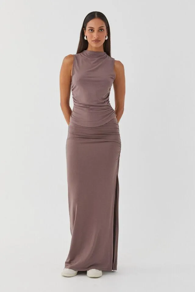 Soft Ruched Split Maxi Skirt