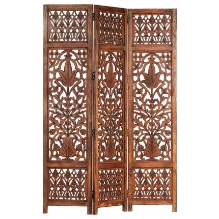 vidaXL Hand Carved 3-Panel Room Divider Brown 120x165 cm Solid Mango Wood