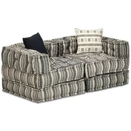 2-Seater Modular Pouffe Grey Stripe Fabric