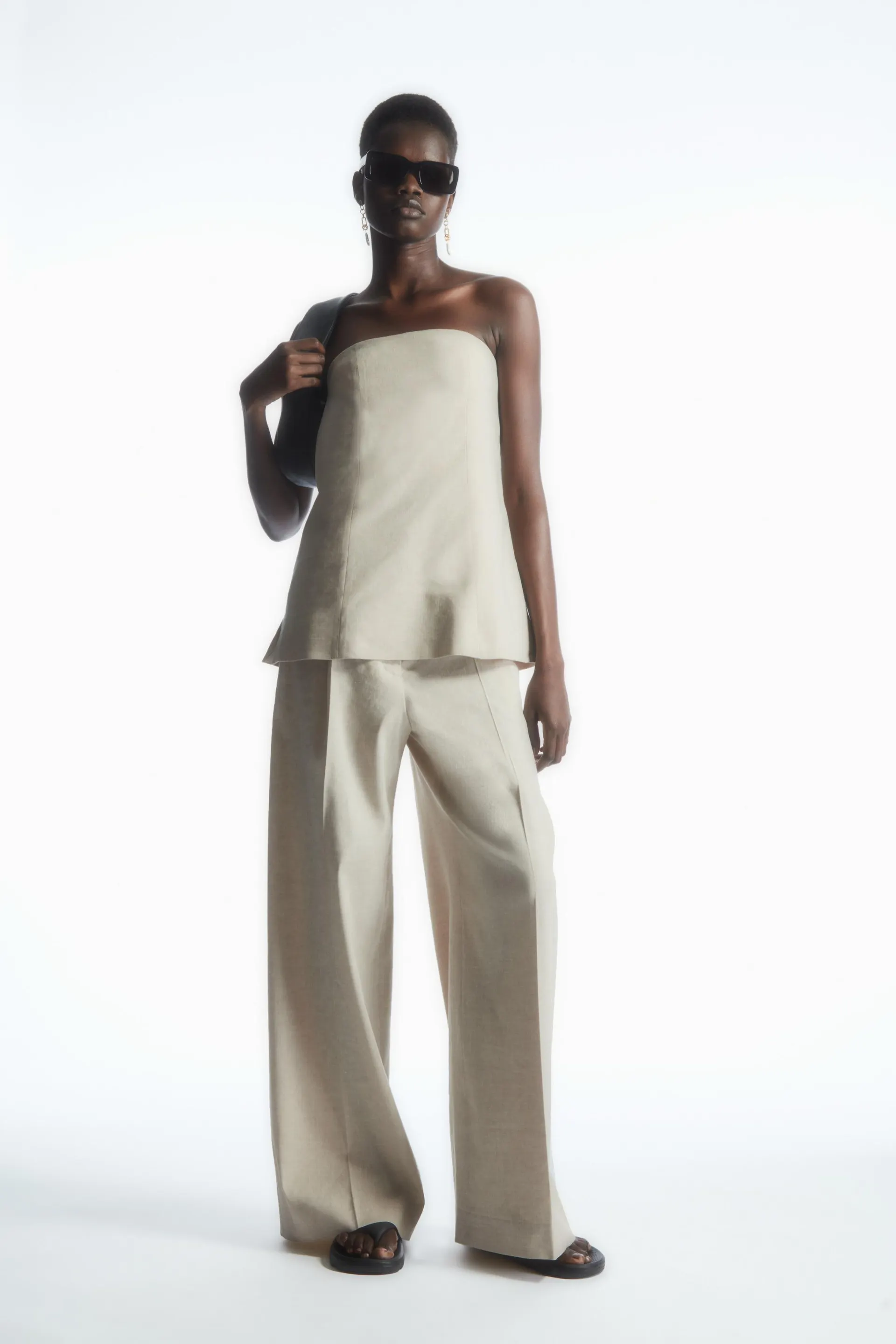 LINEN-BLEND WIDE-LEG TAILORED PANTS