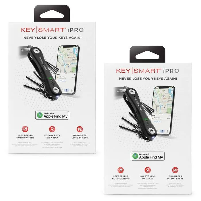 KeySmart iPro - Rechargable Compact Trackable Key Holder, with LED Flashlight and Bottle Opener - Black - 2 Pack