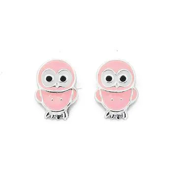 Sterling Silver Pink Enamel Owl Stud Earrings