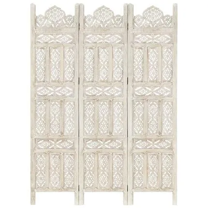 vidaXL Hand carved 3-Panel Room Divider White 120x165 cm Solid Mango Wood
