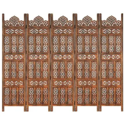 vidaXL Hand carved 5-Panel Room Divider Brown 200x165 cm Solid Mango Wood