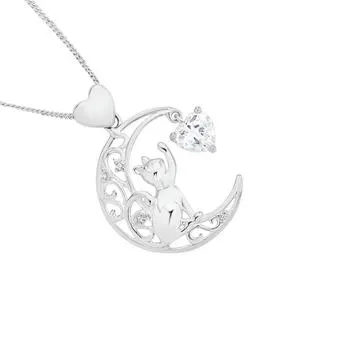 Sterling Silver Cubic Zirconia Heart Cat On Moon Pendant