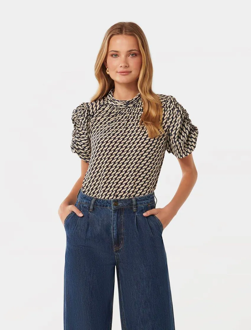 Greta Geo Ruched-Sleeve Top