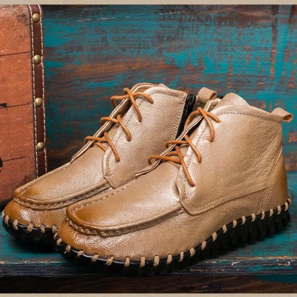 Newchic SOCOFY Genuine Leather Stitching Ankle Zipper Lace Up Soft Boots