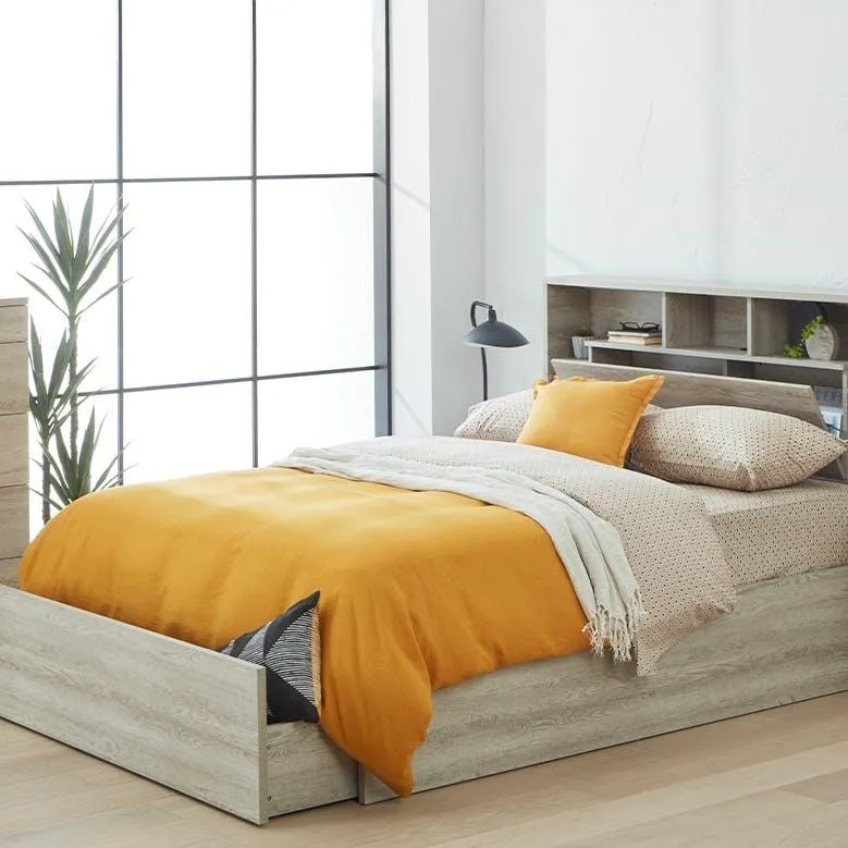 Argo Bed Frame W/Gas Lift Storage & End Drawer Base, Rustic Ash