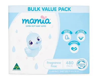 Mamia® Baby Fragrance free Wipes 480pk
