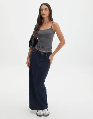 High Rise Denim Maxi Skirt