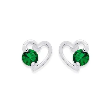 Silver Dark Green CZ Open Heart Stud Earrings