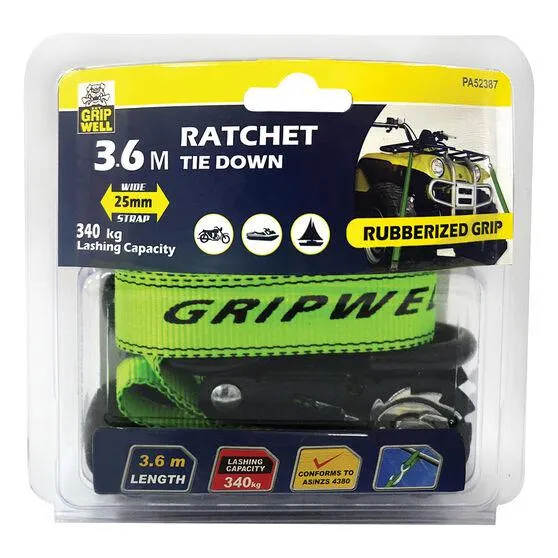 Gripwell Ratchet Tie Down Heavy Duty XL 340kg 25mm X 3.6m