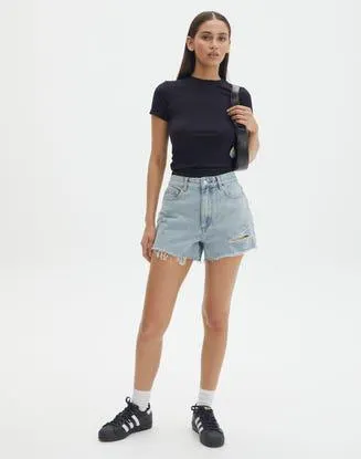 Mid Rise Ripped Denim Short