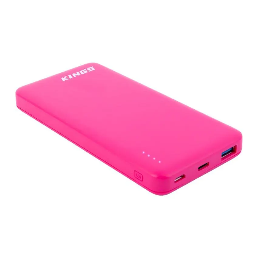 Kings 10,000mAh Pink Lithium Portable Power Bank | Charge your USB Devices | USB C + USB A Output | Ultra Portable