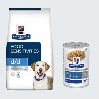 Croquettes Hill's Prescription Diet 12 kg + boîtes 3 x 370 g Derm Complete offertes !