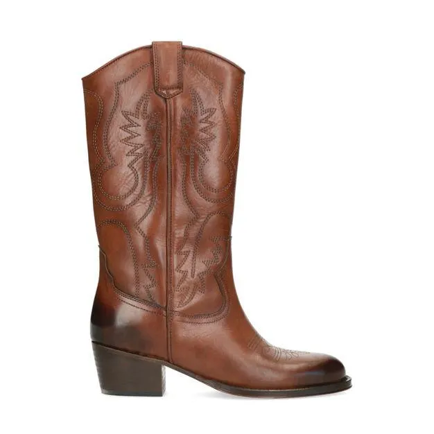 Cognac leren cowboylaarzen met sierstiksels