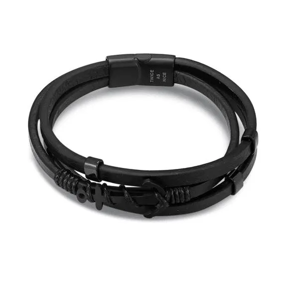 Armband in edelstaal, 3 leren rijen met zwart anker