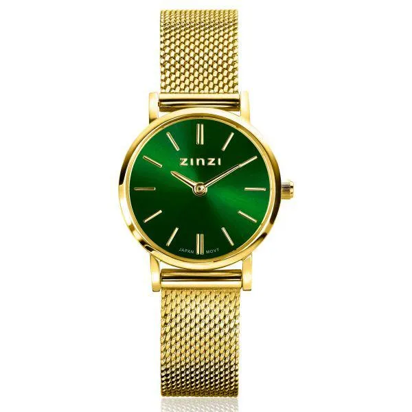 ZINZI Retro Mini horloge groene wijzerplaat, geelgoudkleurige kast en stalen mesh band, 24mm extra dun ZIW1835