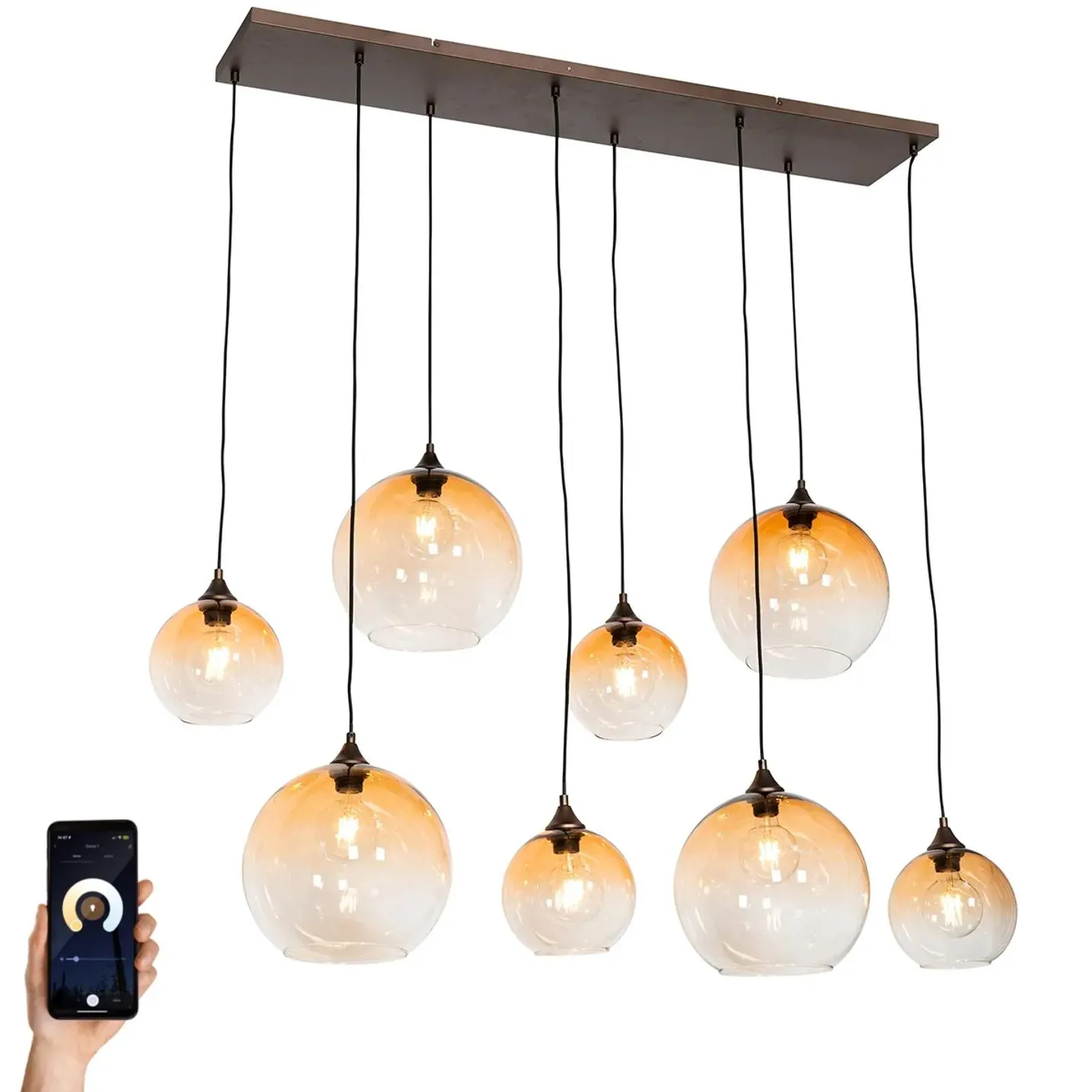 Slimme hanglamp donkerbrons met amberkleurig glas 8-lichts incl. 8 Wifi G95 - Sandra