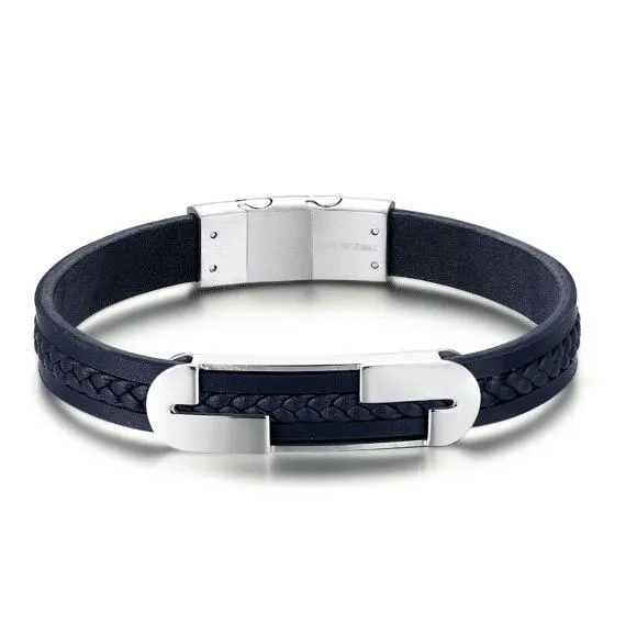 Armband in edelstaal, blauwe leren details
