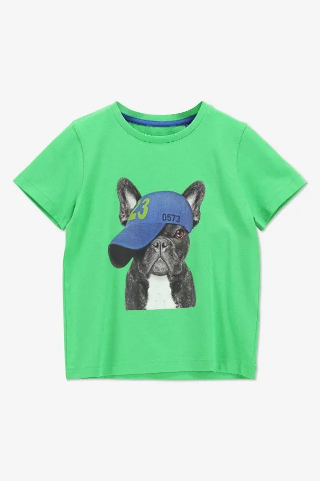 Groen T-shirt met een hond met een pet op