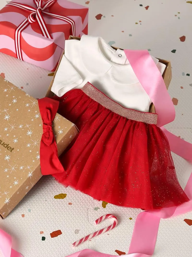 Ensemble bébé fille t-shirt jupon bandeau coffret cadeau noël - rouge