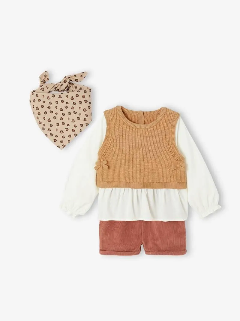 Ensemble 3 pièces bébé pull 2 en 1 + short + foulard - terracotta