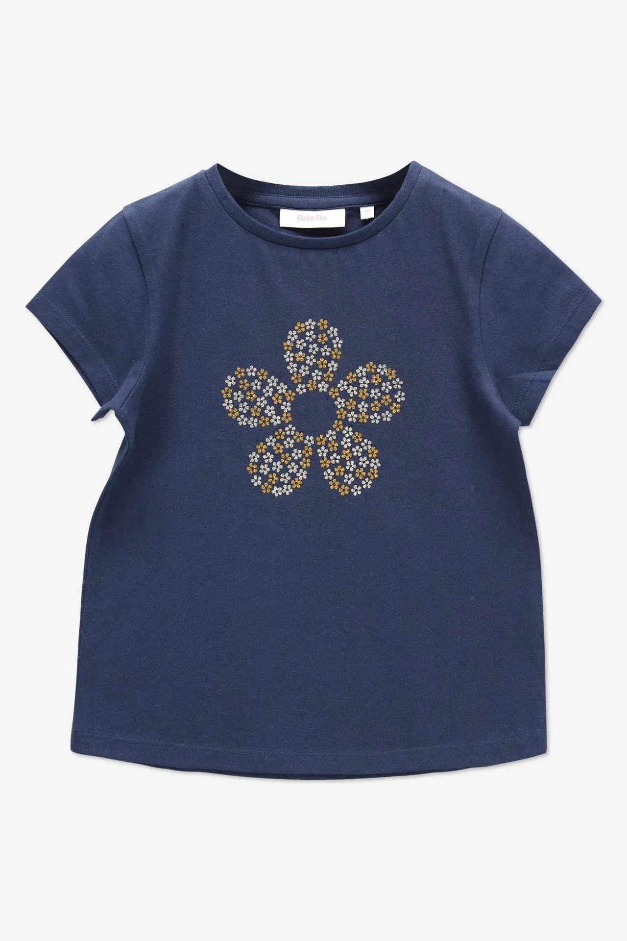 Donkerblauw T-shirt met bloem op de borst