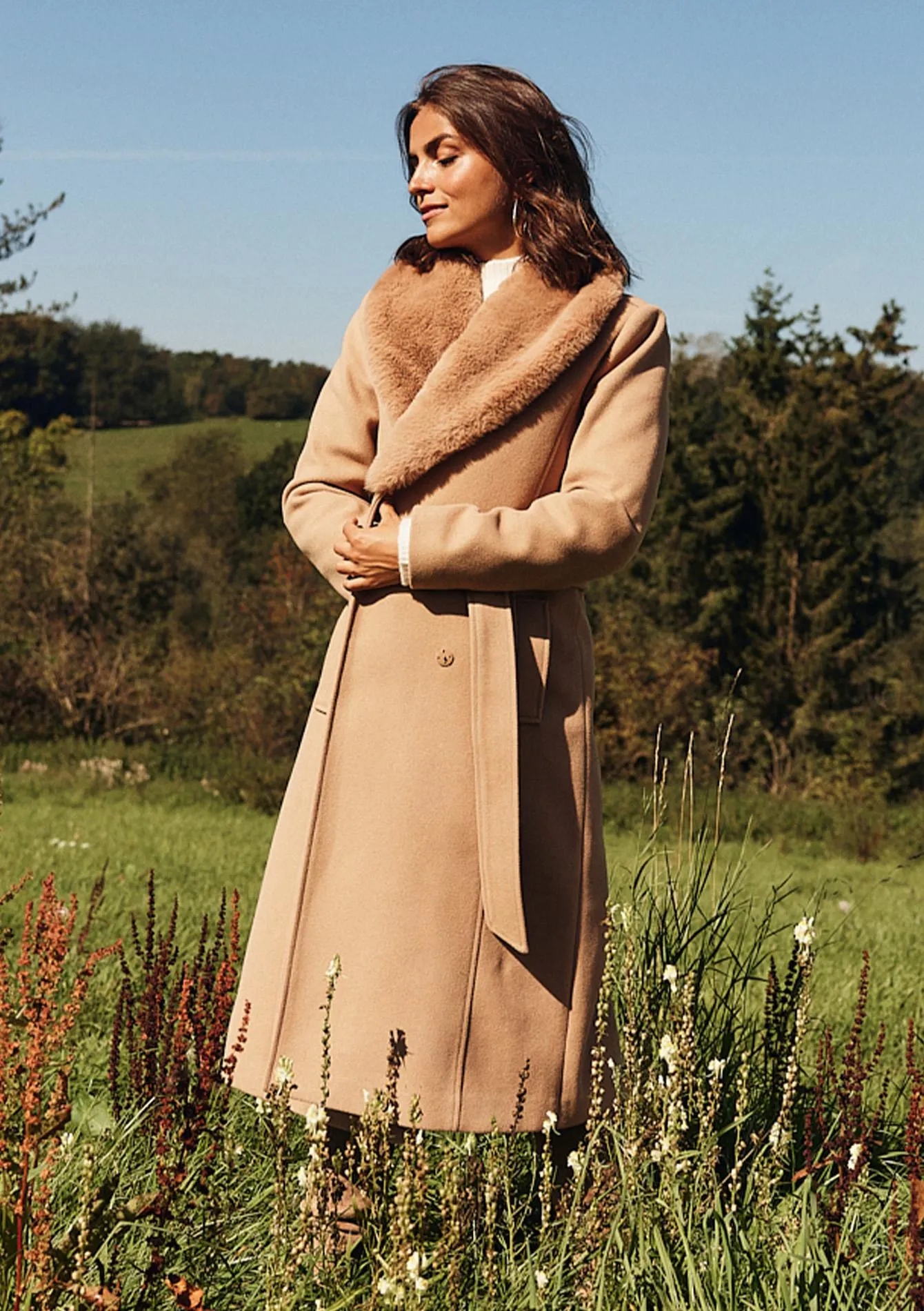 Long coat with faux fur collar