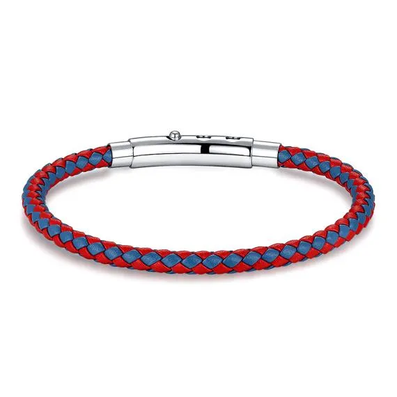 Armband in edelstaal, gevlochten rood en blauw